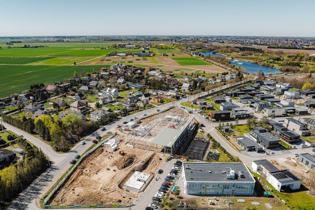 Construction of the IKI shopping center with a parking lot